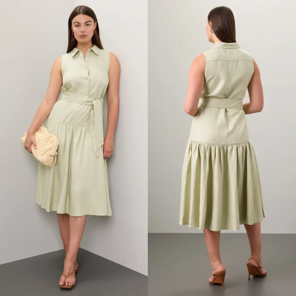 Marissa Webb Linen Shirt Dress Tie Waist Button-Down Midi Green Sleeveless Large